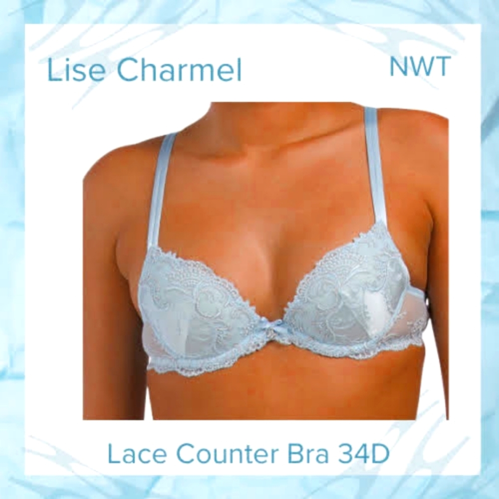 34D Lise Charmel Contour Underwire Bra Satin & Lace Azure Blue Lingerie …
